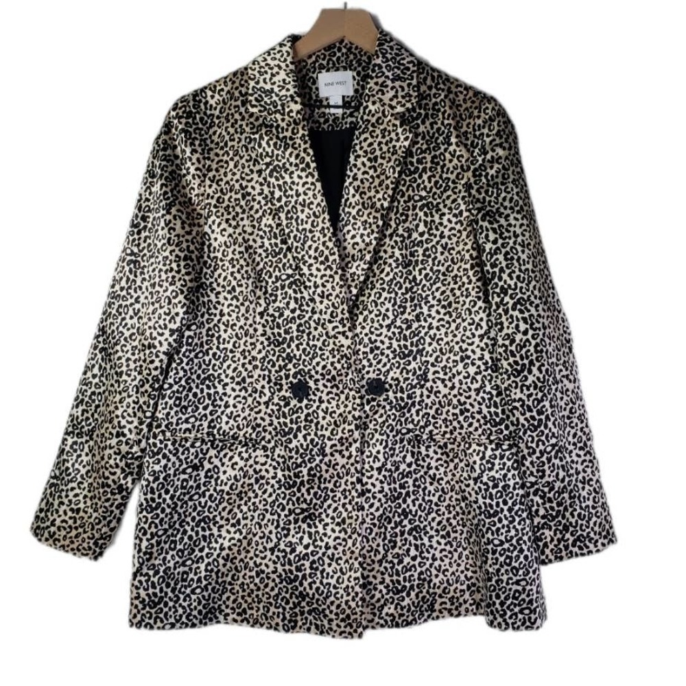 NEW Nine West Satin Blazer M Leopard Print Beige Black Jacket Mob Wife NWT